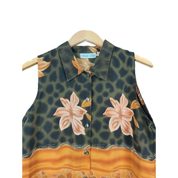 Marla Kim Olive Green & Rust Top Women Size Large Sleeveless Button Down Vintage - Picture 3 of 11